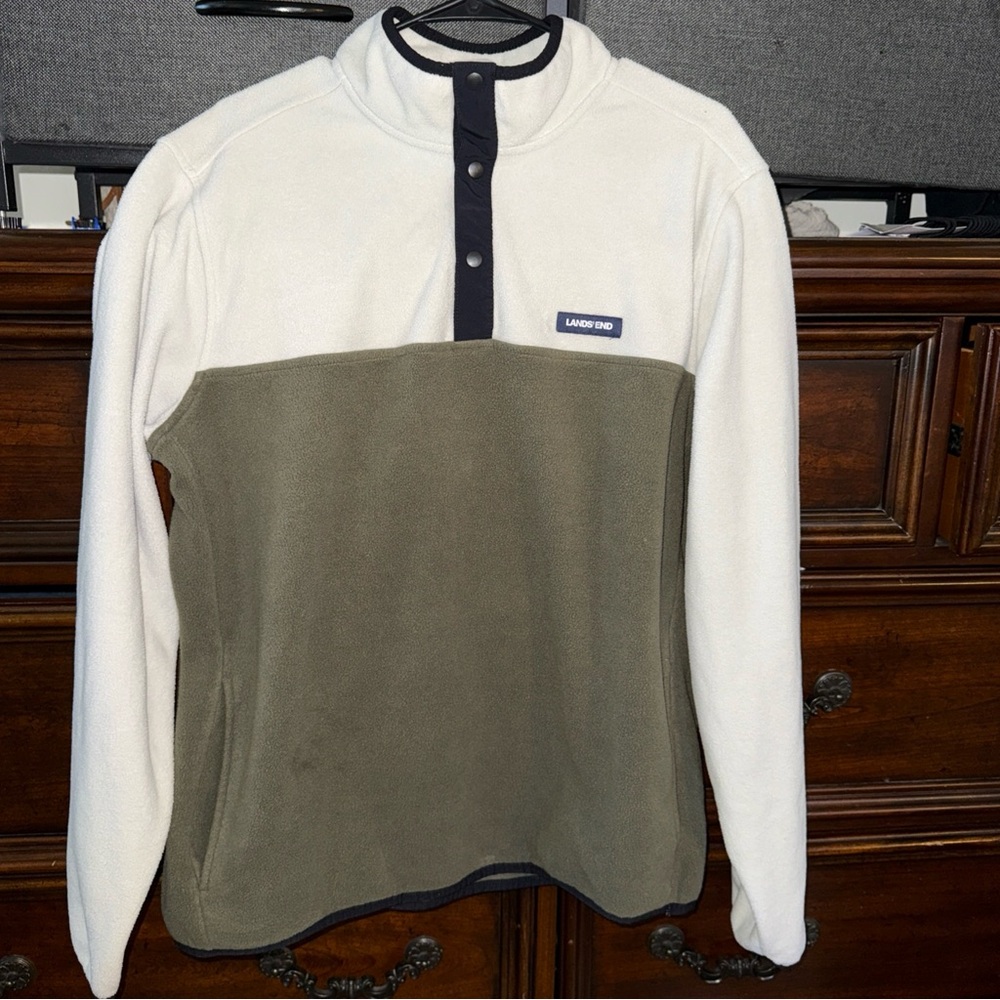 LANDS' END Men's Heritage Fleece Pullover Oeko-Tex Forest Moss Green Size L